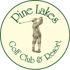 Pine Lakes Golf Club logo: A circular cream badge ringed in dark green: a sepia line-drawn golfer in a vintage cap and knickers finishing a swing at center, with 'Pine Lakes' arched above and 'Golf Club & Resort' arched below in green lettering.