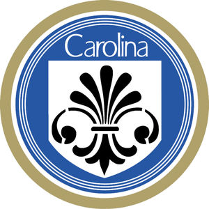 Carolina Country Club logo: A gold outer ring around a royal blue disc lined with thin white concentric circles, 'Carolina' in white letters across the top, and a white shield at center bearing a black stylized fleur-de-lis of fanned teardrop plumes above scrolled volutes.