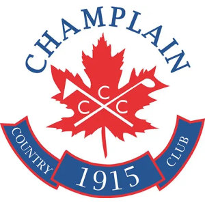 Champlain Country Club logo: 'CHAMPLAIN' in arched blue serif capitals above a red maple leaf bearing two crossed white golf clubs and three white letter Cs, with a red-edged blue banner ribbon below reading 'COUNTRY CLUB' and the year 1915 in white numerals.