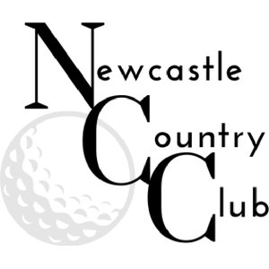 Newcastle Country Club logo: 'Newcastle Country Club' in black serif text with oversized interlocking letters N, C, and C, and a pale gray dimpled golf ball behind the letters at lower left; black and gray on white.