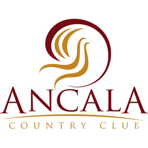 Ancala Country Club logo: A deep maroon brushstroke ring, open at the lower left, encircling rising gold and maroon flame-like strands; 'ANCALA' in maroon serif capitals below, with 'COUNTRY CLUB' in gold letterspaced capitals beneath a thin gold arc. Maroon and gold on white.