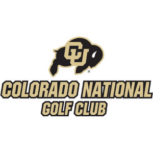 Colorado National Golf Club logo: A black buffalo with a gold outline charging right, head lowered with a single white horn, large interlocked gold letters CU across its body; below, 'COLORADO NATIONAL' over 'GOLF CLUB' in slanted gold block capitals with heavy black outlines.