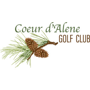 Coeur d'Alene Golf Club logo: A pine branch with green needles and two brown pinecones below 'Coeur d'Alene' in dark green script and 'GOLF CLUB' in brown letterspaced capitals; green and brown on transparent, no enclosing shape.