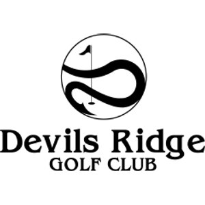 Devils Ridge Golf Club logo: A black-outlined circle containing a thick black devil's tail with a pointed barb, coiled around a thin flagstick topped with a pennant flag; 'Devils Ridge' in bold black serif letters below with 'GOLF CLUB' in small capitals. Black on white.