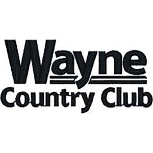 Wayne Country Club logo: The word 'Wayne' in large slanted black serif letters above two horizontal bars, with 'Country Club' in bold black rounded letters below; black stitched-texture lettering on white.