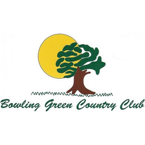 Bowling Green Country Club logo: A yellow sun disc behind a tree with a lobed dark green canopy and a stout brown trunk, standing on a squiggled green grass line, above 'Bowling Green Country Club' in green script.