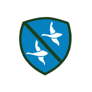 Sakonnet Golf Club logo: A shield with a dark green border and blue field crossed by a dark green diagonal band, a white goose in flight above the band and a second white goose in flight below it.