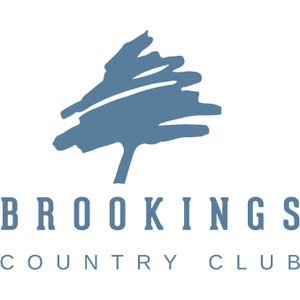 Brookings Country Club logo: A slate-blue tree rendered in loose horizontal brushstrokes above 'BROOKINGS' in widely spaced slate-blue serif capitals and 'COUNTRY CLUB' in smaller light blue capitals; blue on white only.