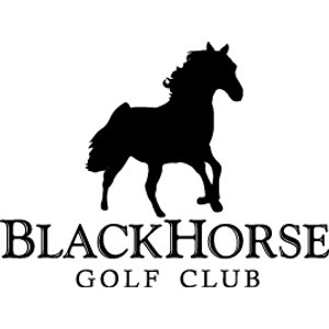 BlackHorse Golf Club logo: A black horse in full silhouette trotting with its tail streaming behind, above 'BLACKHORSE' in black serif capitals and 'GOLF CLUB' in smaller letter-spaced capitals; all black on transparent.