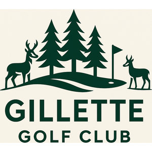 Gillette Golf Club logo: Dark green on a cream square: a buck with branched antlers at left and a pronghorn antelope at right flanking three pine trees on a stylized green, with a flagstick flying a pennant flag and a golf ball dot; 'GILLETTE' above 'GOLF CLUB' in dark green capitals.