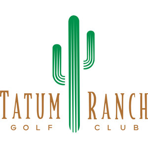 Tatum Ranch Golf Club logo: A green saguaro cactus with two upturned arms standing between the words 'TATUM' and 'RANCH' in copper-brown serif capitals, with 'GOLF CLUB' in small letterspaced copper-brown capitals below; green and copper-brown on transparent.