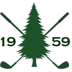 Brownson Country Club logo: A dark green pine tree standing on a short trunk in front of two crossed golf clubs, with the numerals 19 and 59 in dark green serif on either side of the tree; dark green on white.