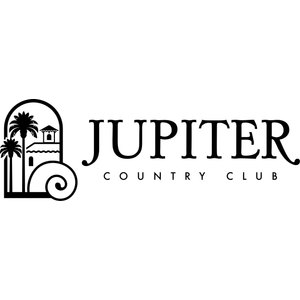 Jupiter Country Club logo: Inside a tall black arch, a line drawing of a palm tree, a tile-roofed house with a small tower, and a large spiral wave; to the right 'JUPITER' in large serif capitals with 'COUNTRY CLUB' letterspaced below; black on transparent.