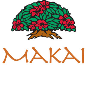 Princeville Makai Golf Club logo: A stylized tree with a dense dome of green leaves studded with red blossoms on a short twisted brown trunk, above the word 'MAKAI' in tall thin orange capitals.