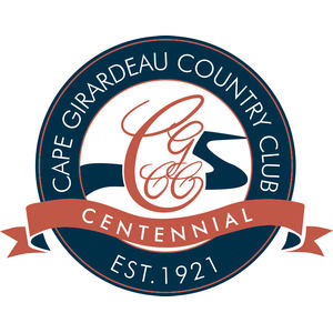 Cape Girardeau Country Club logo: Circular badge with a navy outer ring edged in coral, 'CAPE GIRARDEAU COUNTRY CLUB' in white capitals arched around the top of the ring, interlocked coral script letters CGCC at center over a navy river-bend silhouette on a white field, a coral banner ribbon across the lower badge reading 'CENTENNIAL' in white, and 'EST. 1921' in white at the bottom of the ring.