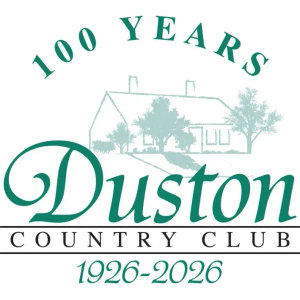 Duston Country Club logo: '100 YEARS' arched in dark green capitals above a pale green line drawing of a farmhouse clubhouse with trees, 'Duston' in large dark green script across the front, 'COUNTRY CLUB' in black spaced capitals between two thin black rules, and '1926-2026' in dark green italic serif numerals below.