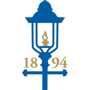 Glen Ridge Country Club logo: A royal blue Victorian gas street lamp with a gold flame inside its glass case, the gold numerals 18 and 94 flanking the post above a blue crossbar with arrow-shaped ends; blue and gold only, tall and narrow.