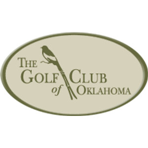 The Golf Club of Oklahoma logo: A pale khaki oval badge with a raised olive-green rim: a scissor-tailed flycatcher with a long forked tail perches atop a diagonal golf club, above and between the words 'THE GOLF CLUB of OKLAHOMA' in olive-green serif capitals; olive green and khaki only.