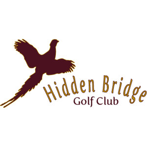 Hidden Bridge Golf Club logo: A dark maroon pheasant flying with wings spread and long tail feathers trailing to the lower left, with 'Hidden Bridge' arched in gold maroon-outlined serif letters to its lower right and 'Golf Club' in maroon serif letters beneath; maroon and gold on transparent.