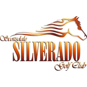 Silverado Golf Club logo: An orange-and-copper gradient horse head in profile with its mane streaming behind in long wavy strands, above 'Scottsdale' in small script, 'SILVERADO' in large gradient serif capitals, and 'Golf Club' in script below; orange and copper on white.