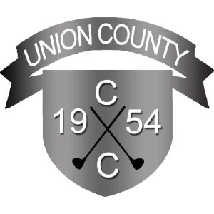 Union County Country Club logo: A silver-gray shield bearing two black crossed golf clubs forming an X, with a white letter C above and below the cross and the white numerals 19 and 54 on either side; a dark gray ribbon banner arcs above the shield reading 'UNION COUNTY' in white capitals.