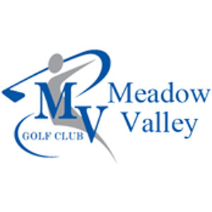 Meadow Valley Golf Club logo: A blue letter M and V set as an overlapping monogram behind a gray golfer silhouette finishing a swing, the club sweeping down to the left; GOLF CLUB in white capitals on a blue curved band across the foot of the monogram, with Meadow Valley in blue serif capitals on two lines to the right.