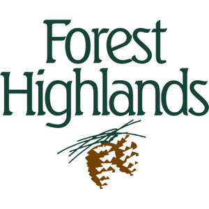 Forest Highlands Golf Club logo: The words Forest and Highlands stacked in dark green serif letters above a brown pinecone with long dark green pine needles.