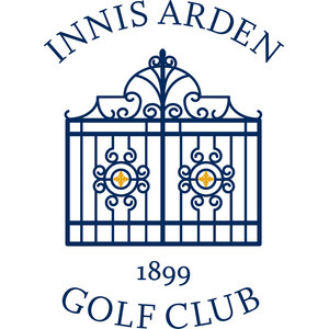 Innis Arden Golf Club logo: A navy wrought-iron gate with scrolled ironwork and two circular medallions each holding a gold four-petaled cross, beneath the arched words INNIS ARDEN, with the year 1899 and GOLF CLUB in navy below.