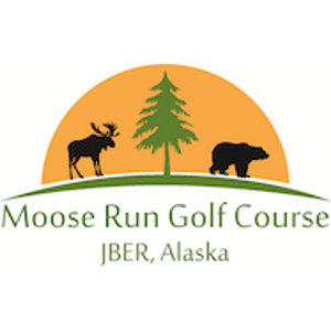 Moose Run Golf Course logo: An orange semicircular sun behind a tall green pine tree, with a black moose standing on the left and a black bear on the right on a curved green ground line, above 'Moose Run Golf Course' in green serif letters and 'JBER, Alaska' beneath.