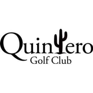 Quintero Golf Club logo: The word 'Quintero' in black serif letters with a black saguaro cactus forming the letter T, above the words 'Golf Club' in smaller black serif letters; black on white.