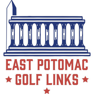 East Potomac Blue Course logo: A navy line drawing of the Washington Monument obelisk beside a columned memorial building, above EAST POTOMAC and GOLF LINKS in red block capitals flanked by red stars, with a single red star centered below; navy and red on white.