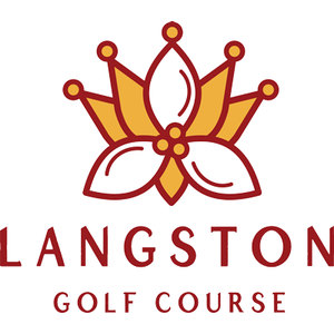 Langston Golf Course logo: A stylized crown formed of gold and white lotus-like petals outlined in dark red, with three gold berries outlined in dark red at its center, above LANGSTON in large dark red capitals and GOLF COURSE in smaller spaced capitals.