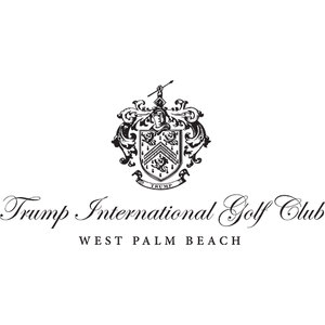 Trump International Golf Club logo: A black line-art coat of arms: a shield bearing two chevrons and three lions among small arrows, topped by a knight's helmet and a small figure hoisting a spear, flanked by leafy mantling, with a ribbon below reading TRUMP; underneath, Trump International Golf Club in script and WEST PALM BEACH in spaced capitals.
