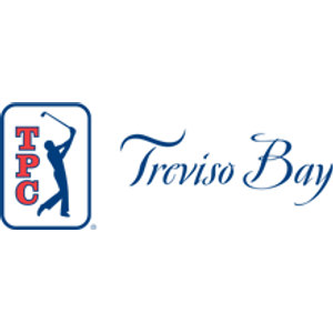 TPC Treviso Bay logo: The red letters TPC beside a navy silhouette of a golfer finishing a swing inside a navy rounded rectangle, next to Treviso Bay in navy script.