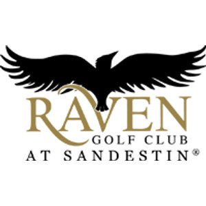 Raven Golf Club logo: A black raven with wings spread wide perched above the word RAVEN in gold serif capitals, with GOLF CLUB in smaller gold capitals and AT SANDESTIN in black letterspaced capitals below; black and gold on white.