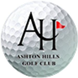 Ashton Hills Golf Club logo: A white dimpled golf ball filling the frame, overlaid with interlocking black serif letters A and H, a red flag flying from the stem of the H, above ASHTON HILLS GOLF CLUB in black capitals.
