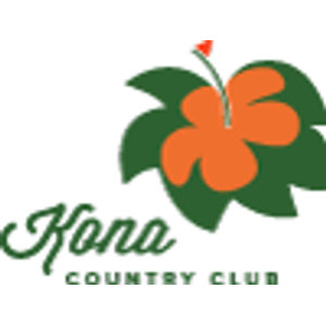 Ocean Course logo: An orange hibiscus bloom with a small red flag at the tip of its stamen, backed by two dark green leaves, above Kona in green script and COUNTRY CLUB in orange letterspaced capitals.