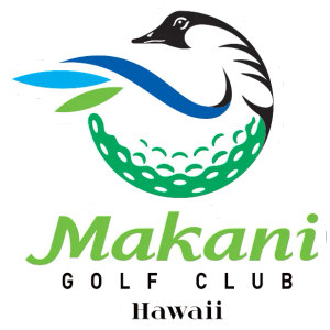 Makani Golf Club logo: A black-and-white goose head arched over a green dimpled golf ball, with a dark blue wave, a light blue leaf, and a green leaf sweeping behind it, above Makani in green lowercase script, GOLF CLUB in black letterspaced capitals, and Hawaii in small black serif type.