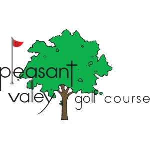 Pleasant Valley Golf Course logo: A cartoon green tree with a brown trunk, a black flagstick flying a red flag at its left, and the words pleasant valley golf course hand-lettered in thin black lowercase across the tree.
