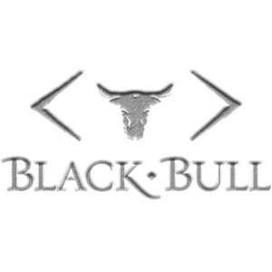 Black Bull logo: A silver-gray bull's head with wide curving horns between two angled chevron brackets, above 'BLACK BULL' in silver-gray serif capitals separated by a small diamond.