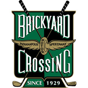 Brickyard Crossing Golf Course logo: A shield quartered black and green bearing 'BRICKYARD' and 'CROSSING' in white capitals, the gold winged-wheel Indianapolis Motor Speedway emblem at center, two black-shafted golf clubs with gold heads crossed behind the shield, and a black banner reading 'SINCE 1929' at the base.