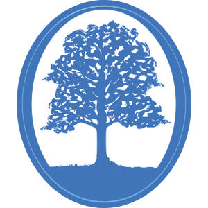 Sycamore Hills Golf Club logo: A blue tree with a broad leafy crown standing on a blue grassy mound, on a white field enclosed by a thick solid blue oval band with a thin inner line.
