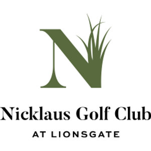 Nicklaus Golf Club at LionsGate logo: A muted green capital letter N whose left leg tapers into a golf-tee foot, with tall grass blades sprouting from its upper right, above 'Nicklaus Golf Club' in black serif letters and 'AT LIONSGATE' in small letterspaced capitals.