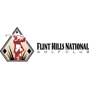 Flint Hills National Golf Club logo: A black-bordered diamond holding a maroon vintage golfer at the top of his swing against a cream sky, with black grass tufts and two small black diamonds, beside 'FLINT HILLS NATIONAL' in maroon capitals over 'GOLF CLUB' in letterspaced tan capitals.