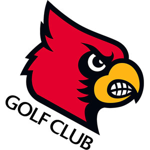 University of Louisville Golf Club logo: A red cardinal bird head with black outlines, a fierce white eye, and a yellow beak baring gritted teeth, with 'GOLF CLUB' in black capitals arcing along the lower left; red, black, yellow, and white.