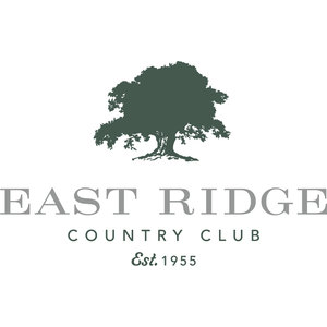 East Ridge Country Club logo: A dark green spreading oak tree above 'EAST RIDGE' in pale gray serif capitals between thin rules, with 'COUNTRY CLUB' and 'Est. 1955' beneath; dark green and gray, year 1955.
