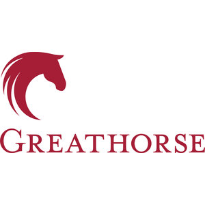 GreatHorse logo: A crimson horse head facing right with a long mane streaming behind it in flame-like strands, above 'GREATHORSE' in crimson serif capitals; crimson on white.