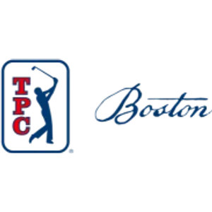 TPC Boston logo: A navy-bordered rounded rectangle containing the letters 'TPC' stacked in red with white outlines beside a navy silhouette of a golfer at the finish of a swing, next to 'Boston' in navy script; red, navy, and white.