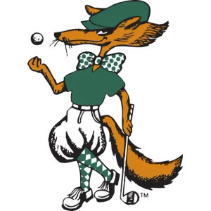 Crumpin-Fox Club logo: A cartoon fox standing upright in a green flat cap, green shirt, and green polka-dot bow tie, wearing white knickers, green argyle socks, and white golf shoes, tossing a golf ball above one paw while leaning on a golf club with the other; orange, green, black, and white.