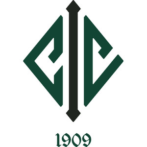 Interlachen Country Club logo: A diamond-shaped dark green monogram formed by two mirrored letter Cs flanking a tall black letter I with pointed arrow-like ends, above the year 1909 in green blackletter-style numerals.